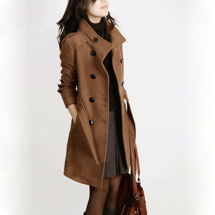 Élégant trench-coat long pour femme en laine mélangée
