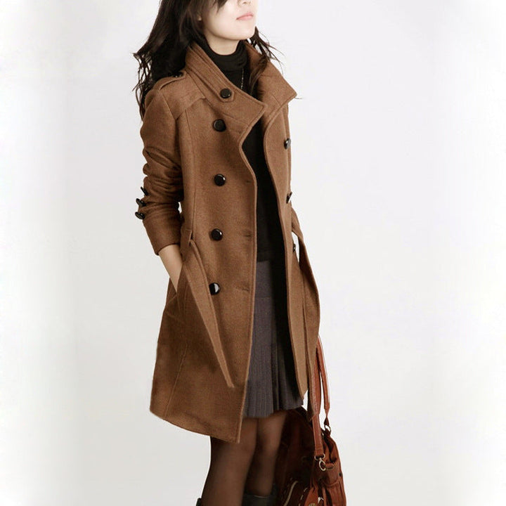 Élégant trench-coat long pour femme en laine mélangée