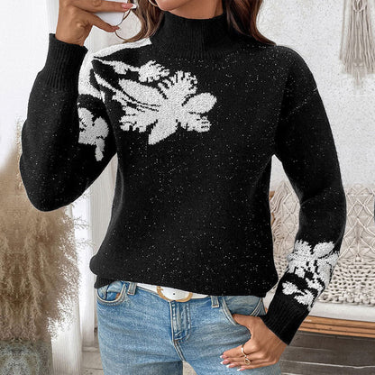 Pull femme imprimé floral col montant élégant