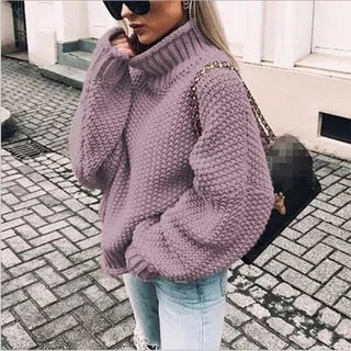 Pull femme grosse maille col montant manches oversize