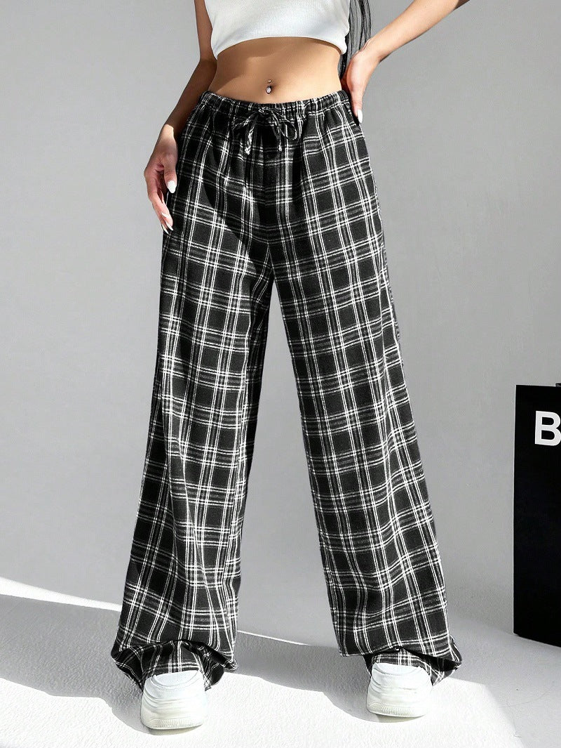 Pantalon femme à carreaux confortable coton taille élastique