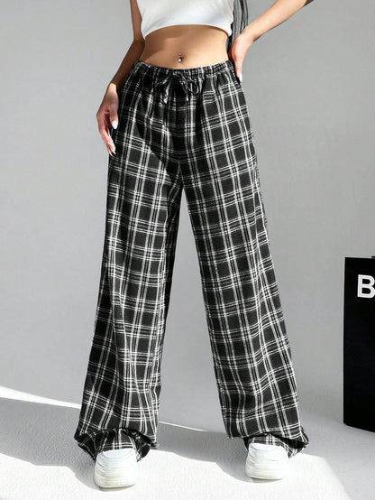 Pantalon femme à carreaux confortable coton taille élastique