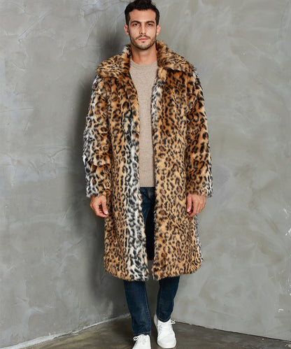 Manteau pour homme en fausse fourrure, motif léopard, élégant, col large