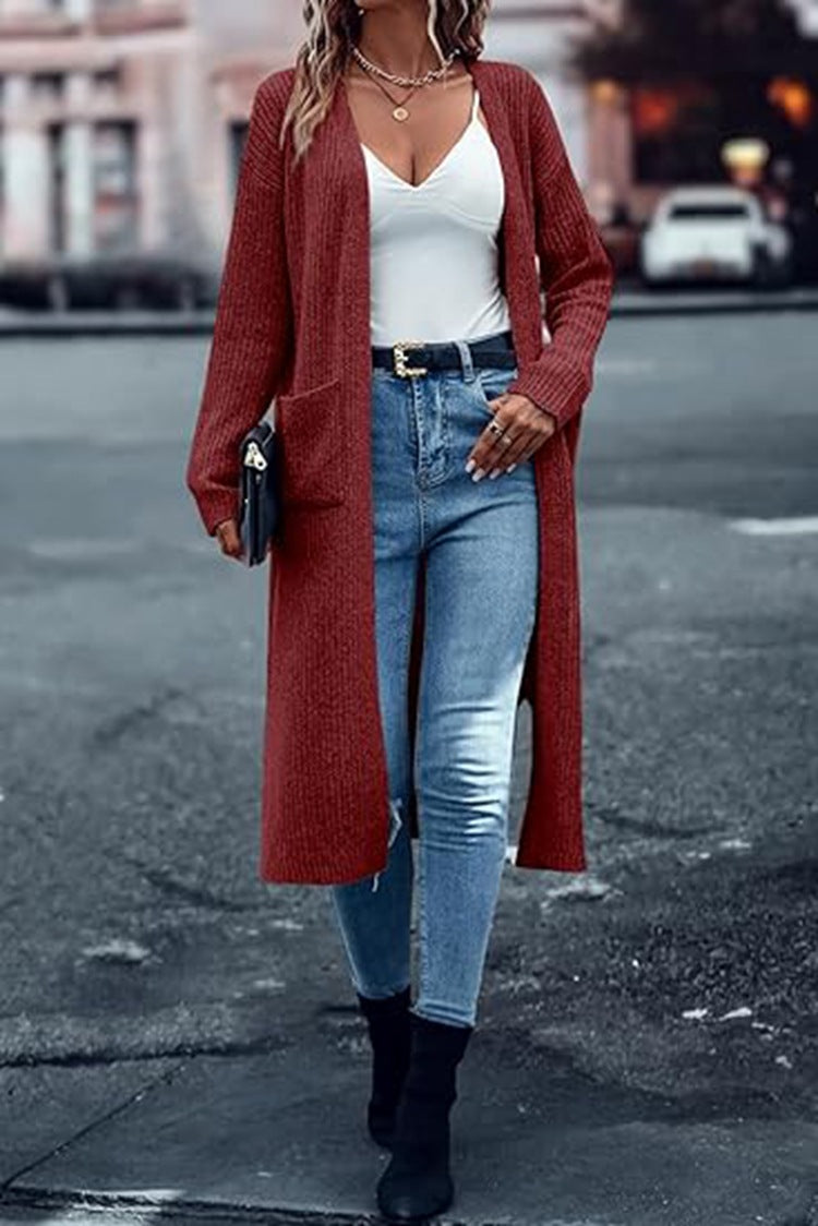 Gilet long en maille à manches longues avec poches pour femme
