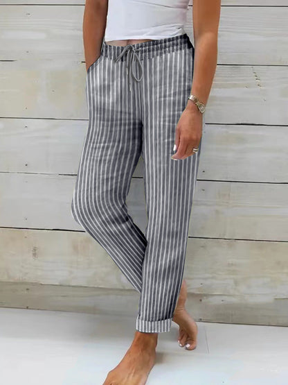 Femmes Pantalon confortable en coton à rayures Taille élastique