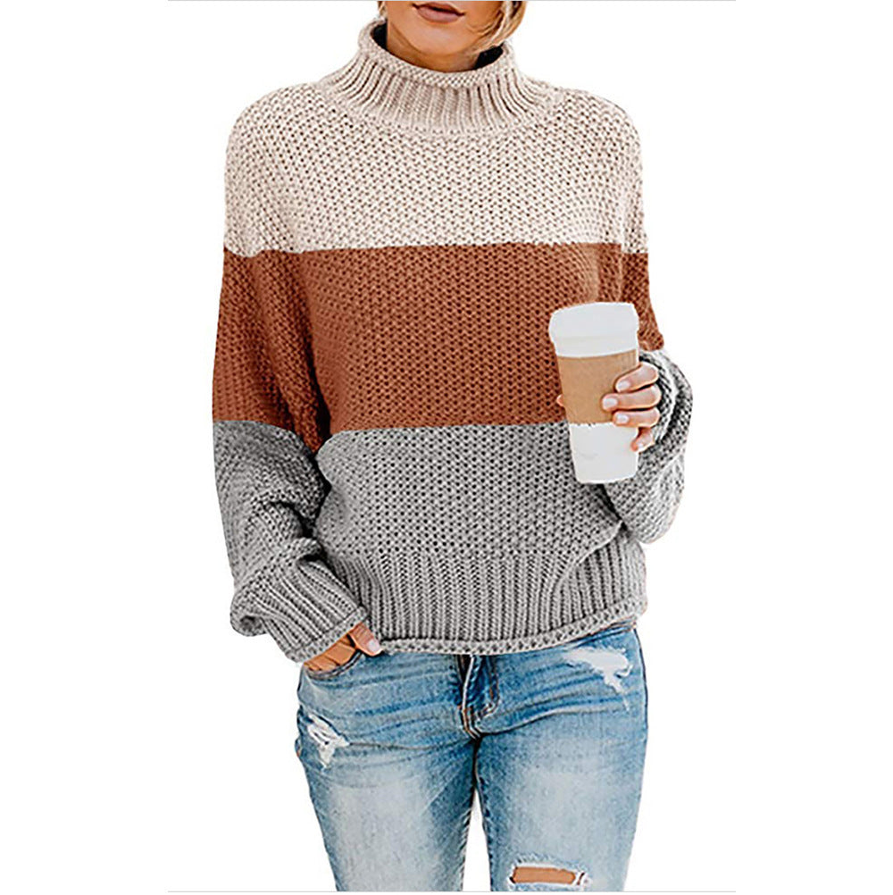 Pull Femme Gros Tricot Col Haut Moderne Color Block