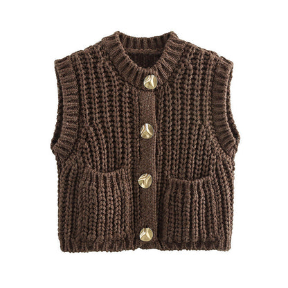 Gilet élégant en maille pour femme avec boutons et poches