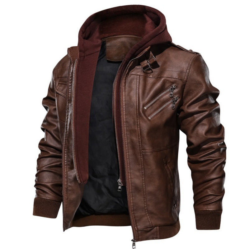 Blouson en cuir pour homme moderne, capuche amovible