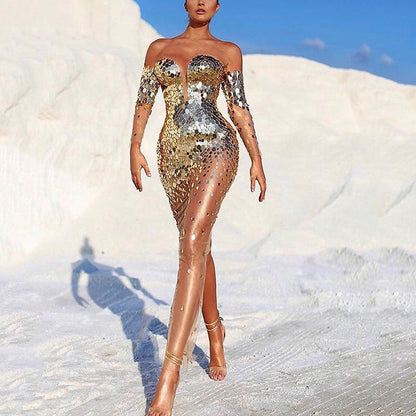 Robe de soirée scintillante pour femme avec manches transparentes