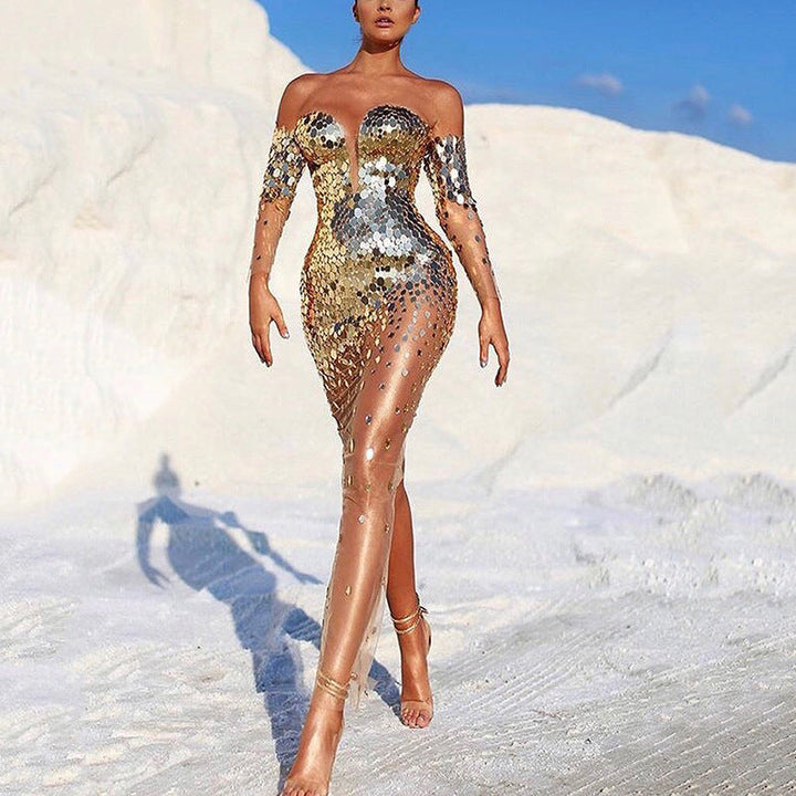 Robe de soirée scintillante pour femme avec manches transparentes