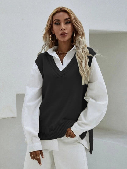Gilet tricoté pour femme Col en V Larges côtes