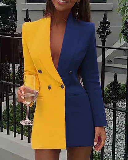 Blazer pour femme Robe Coupe ajustée Bicolore Col en V