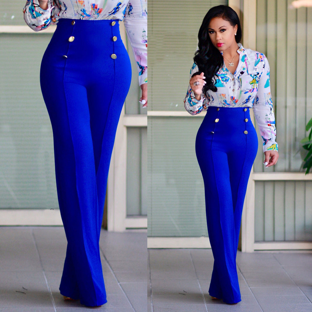 Pantalon Palazzo Femme Taille Haute Élégant Boutons