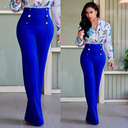 Pantalon Palazzo Femme Taille Haute Élégant Boutons