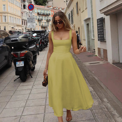 Robe longue femme élégante ligne A décolleté carré