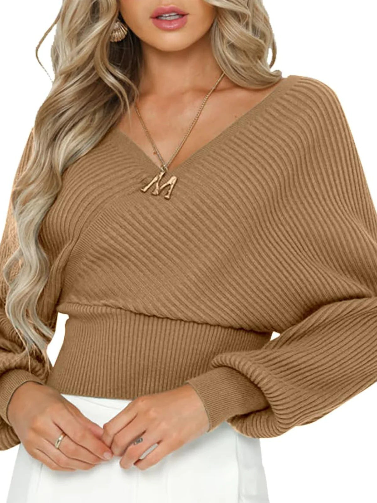 Pull pour femmes décontracté Col en V Manches larges