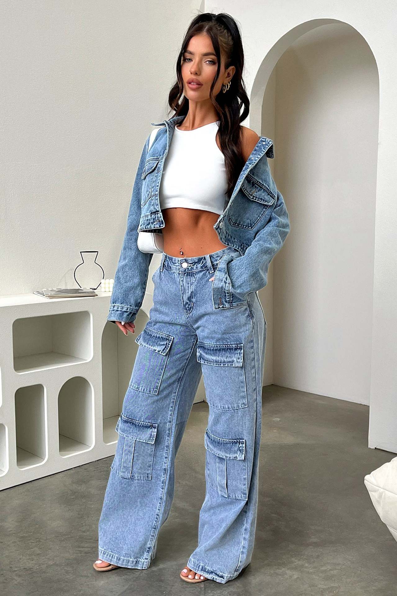Jeans Cargo Femme Style Moderne Multi-Poches