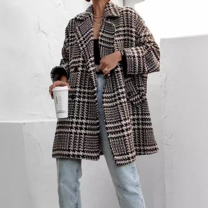 Manteau en laine grande taille à carreaux longueur genou col élégant