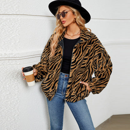 Veste en peluche pour femmes, motif zèbre, col montant, tendance