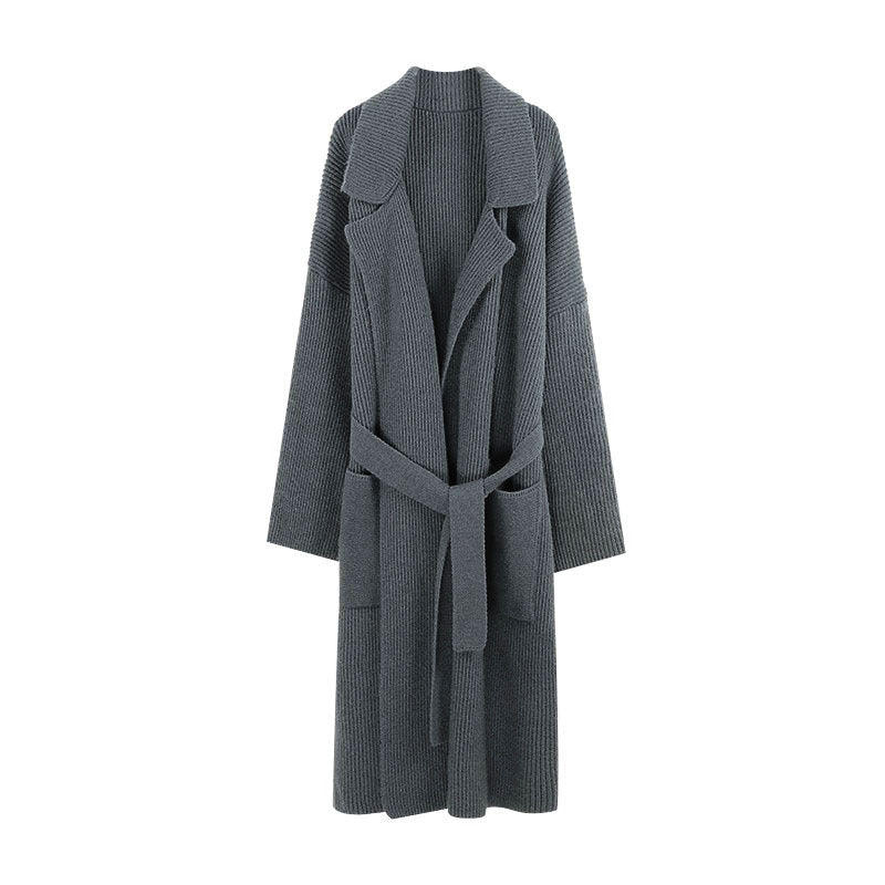 Damen Strickmantel Elegant Gürtel Breite Revers - IdealeKleiden