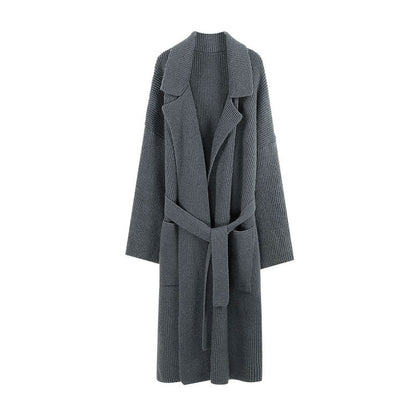 Damen Strickmantel Elegant Gürtel Breite Revers - IdealeKleiden