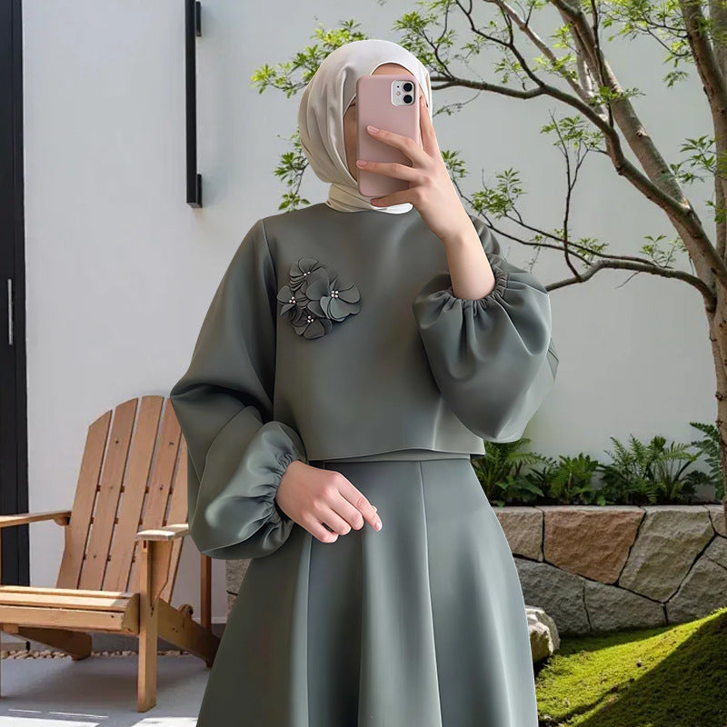 Robe longue élégante à fleurs et manches bouffantes pour femmes