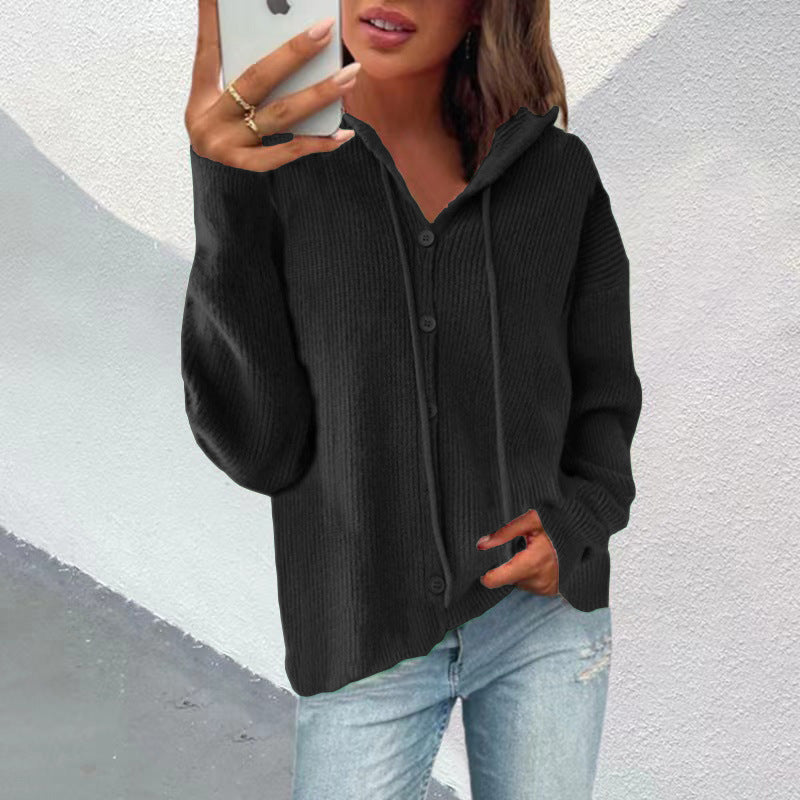 Damen Strickjacke Kapuze Knopfleiste Elegante Oberbekleidung - IdealeKleiden