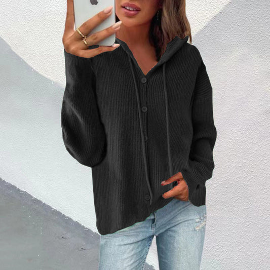 Damen Strickjacke Kapuze Knopfleiste Elegante Oberbekleidung - IdealeKleiden