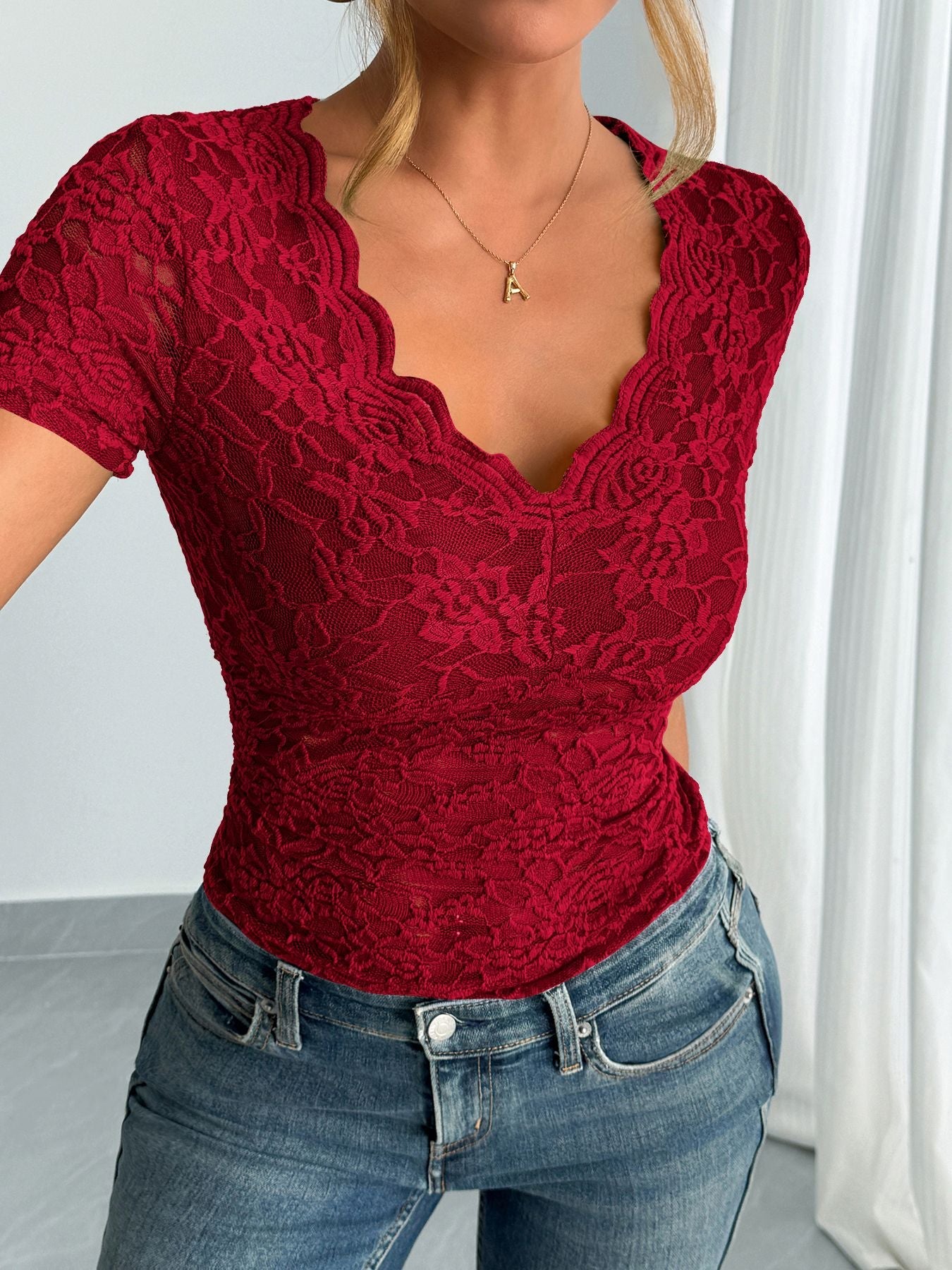 Haut Femme Élégant Dentelle Col en V