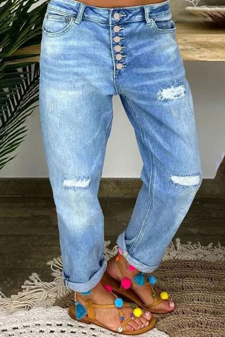 Jean Boyfriend Femme Délavé Tendance Boutonnée