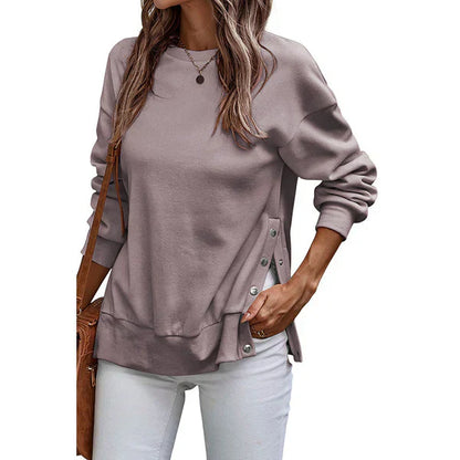 Sweat-shirt femme décontracté avec fentes latérales et boutons
