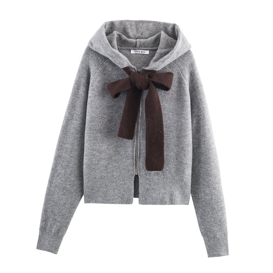 Damen Strickjacke Kapuze Schleifenverschluss Elegantes Design - IdealeKleiden