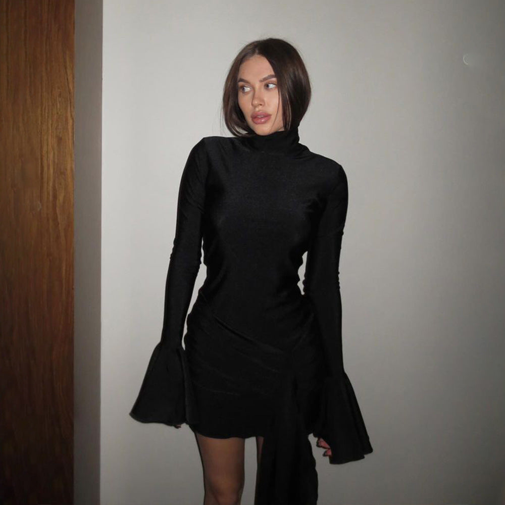 Robe cache-cœur élégante à volants et col montant pour femmes