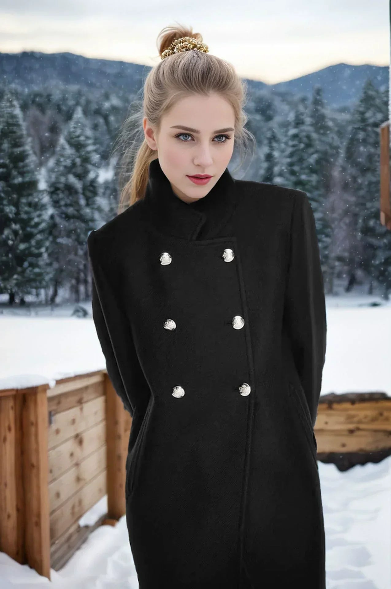 Veste en laine femme moderne, double boutonnage, col haut