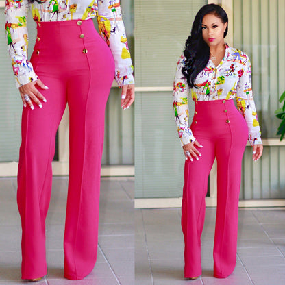 Pantalon Palazzo Femme Taille Haute Élégant Boutons