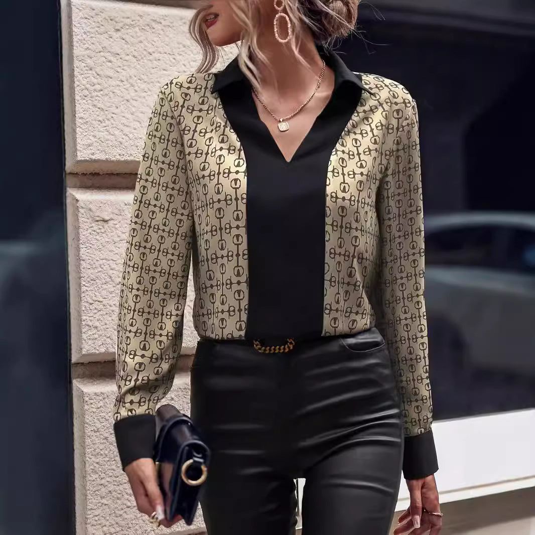 Damen Bluse Modern Muster Elegant V-Ausschnitt - IdealeKleiden