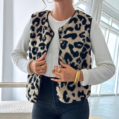 Gilet en peluche léopard tendance oversize pour femmes