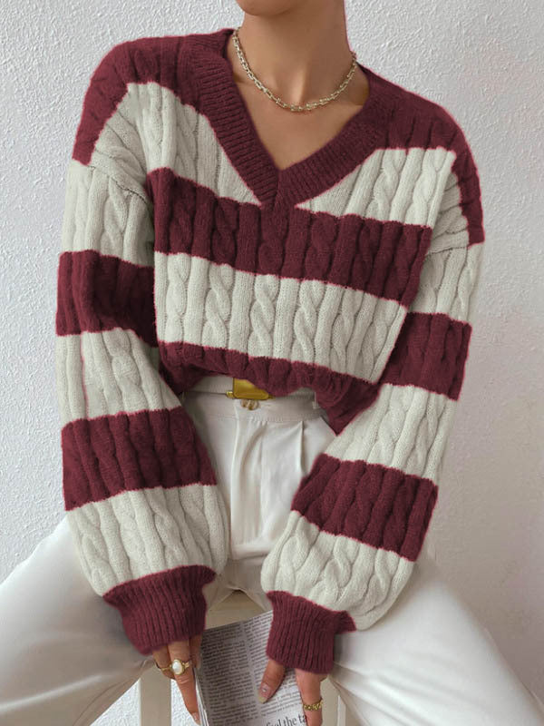 Pull en tricot pour femme col en V manches longues design élégant