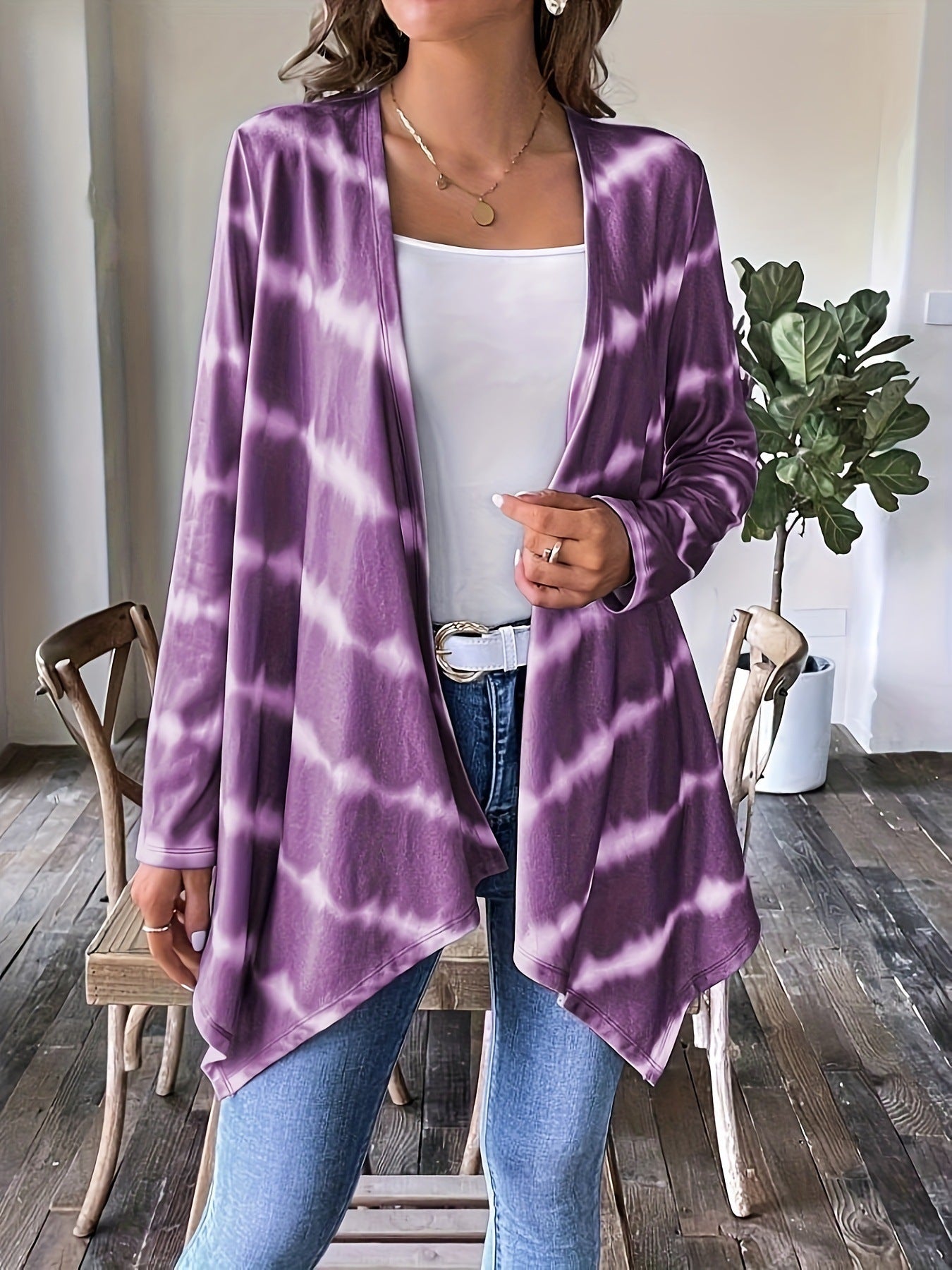 Long Cardigan Ouvert Devant Motif Tie-Dye Femme