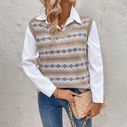 Gilet tricoté pour femme col en V à motif tendance