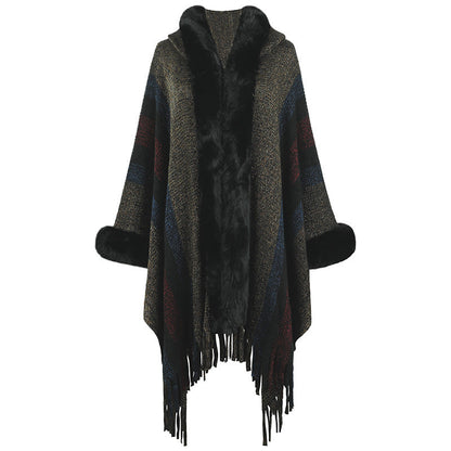 Poncho long femme col en fausse fourrure de luxe