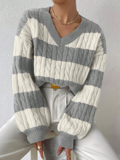 Pull en tricot pour femme col en V manches longues design élégant