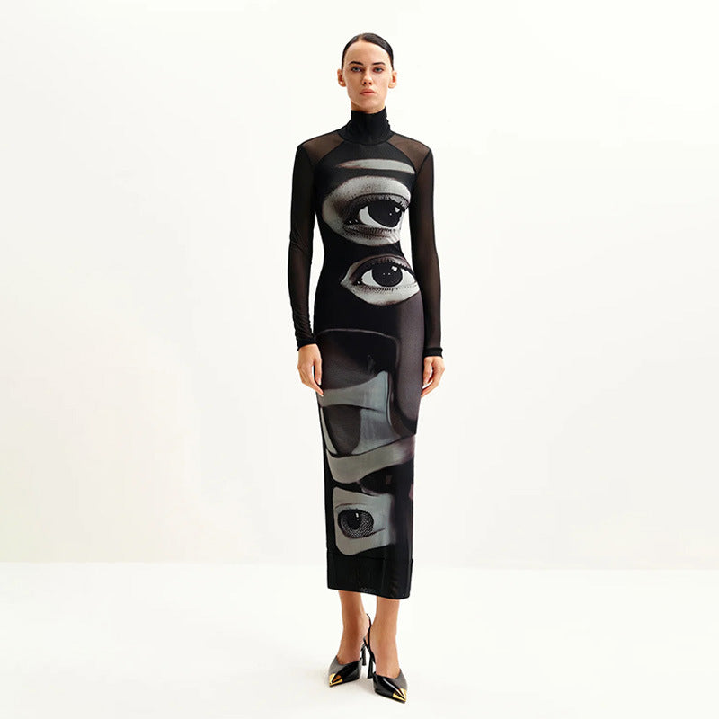Damen Maxikleid Langarm Hochkragen Grafikmuster Trendy - IdealeKleiden