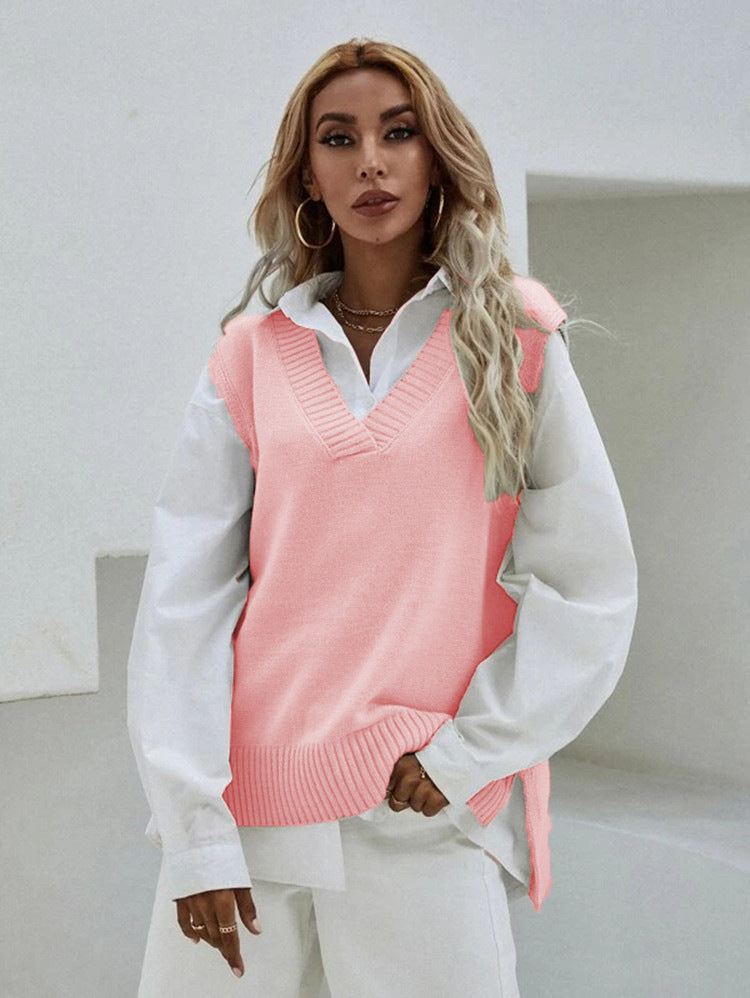 Gilet tricoté pour femme Col en V Larges côtes