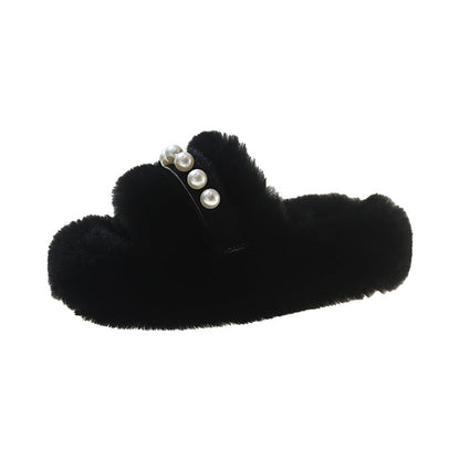 Chaussons douillets pour femmes en peluche avec décor de perles