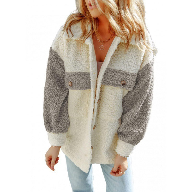 Veste Teddy douce pour femme, manches contrastantes, hiver