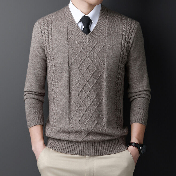 Herren Pullover V-Ausschnitt Modern Zopfdesign - IdealeKleiden