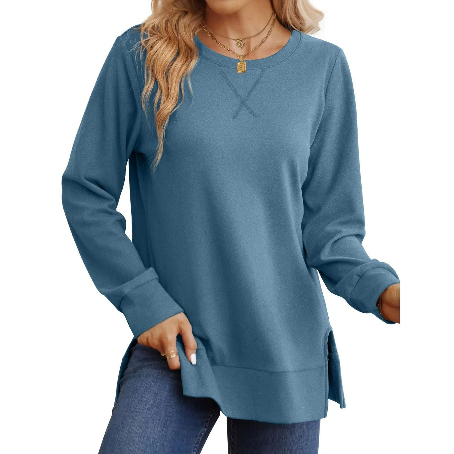 Sweat-shirt à manches longues pour femmes confortable avec fente latérale