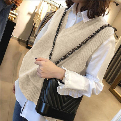 Gilet tricoté sans manches col en V pour femme Tendance
