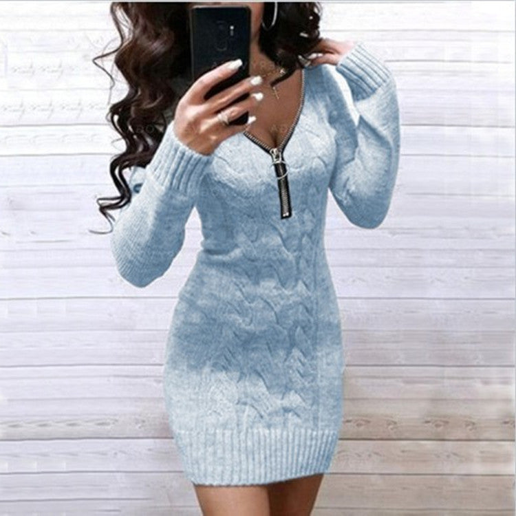Robe pull en tricot pour femme avec fermeture éclair et motif torsadé